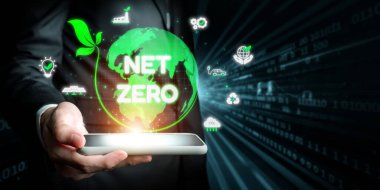 Sürdürülebilirlik simgeleriyle çevrili dijital küre, karbon emisyonlarını azaltma ve çevresel dengeyi sağlama amacını temsil etmektedir