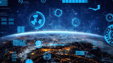 Uzaydan, çeşitli veri grafikleri, dijital elementler ve modern teknolojiyi ve küresel bağlantıyı sembolize eden parlak bir kozmik arkaplan içeren çarpıcı bir görselleştirme. Xenic