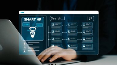 İnsan kaynakları yönetimi için yapay zeka teknolojisi sunan modern bir dijital çalışma alanı, işe alım ve verimliliği artırmak için arama yetenekleri ve veri görselleştirmesi içeriyor. Dörtgen