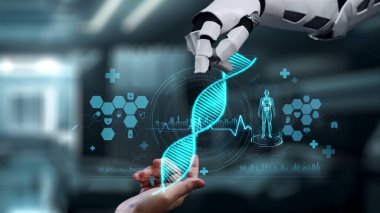 Robot ve insan elini uzatıyor ve yüzen DNA hologramıyla işaret ediyor. Bulanık laboratuvar geçmişini işaret ederken robot el ve insanın birlikte çalışmasını kapat. Sağlıklı..