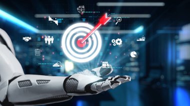Fütürist bir robot el, modern çalışma alanındaki yenilik ve teknolojiyi temsil eden canlı dijital hedef simgelerine doğru uzanır. İlerleme ve strateji aktarımı için ideal. Auvana