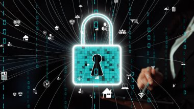 Siber güvenlik ve bilgi güvenliğinin önemini temsil eden, teknoloji ikonları ve veri bağlantılarını temsil eden, güvenliği sembolize eden dijital bir kilidin canlı bir çizimi. Xenic