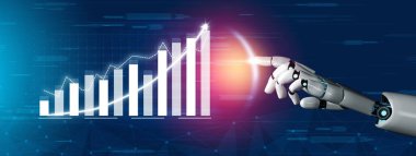 Robot bir el dijital ortamda büyümeyi ve ilerlemeyi sembolize eden bir veri görselleştirme tablosuna işaret eder. Bu görüntü, analizdeki yeniliği ve teknolojiyi temsil ediyor. Etki