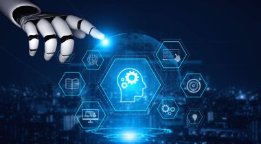 Bilgi, amaç, görev yönetimi ve sistem optimizasyonu ikonları ile yapay zeka veya insan güdümlü beceri edinme ve eğitim