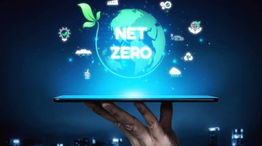 Çevresel denge, dijital sürdürülebilirlik ikonları, yeşil enerji hedefleri ve gelecek için eko-bilinçli dijital iş dönüşümü ile ağ sıfır ve sürdürülebilirlik kavramları. Muxer