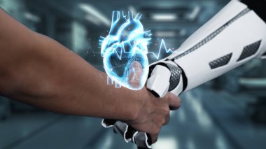 Robot ellerin ve insan ellerinin kalp hologramıyla el sıkışması. Yapay zeka ve insan birlikte çalışabilir ya da bulanık laboratuarlı kalp hologramıyla anlaşma yapabilir. Takım çalışması. Sağlıklı..