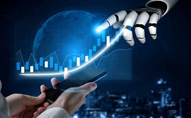 Bir robot el akıllı telefonla etkileşime girer, finansal verileri ve büyüme eğilimlerini gösterir, teknolojinin insanların finans alanında karar verme mekanizması ile birleşmesini sembolize eder. Etki