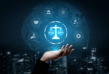 Adalet ölçeğini gösteren fütürist dijital hukuk arayüzü, dijital hukukun altını çizen, AI uyumu, dijital hukuk sistemleri ve güvenli yönetim için dijital hukuk düzenlemeleri. Eğri