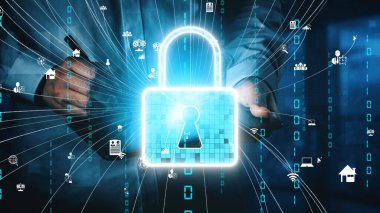 Veri korumasının önemini vurgulayan ikili kod ve teknoloji simgeleriyle çevrili parlayan asma kilidi gösteren dijital güvenliğin görsel bir temsili. Xenic