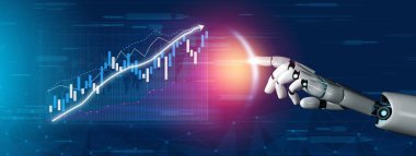 Bu resim, teknoloji ve finans arasındaki kesişmeyi sembolize eden, dinamik borsa verileri ve grafikleriyle uğraşan robotik bir eli gösteriyor. Etki