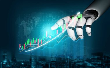 Fütürist bir robot el, dijital ortamda teknoloji ve yatırım stratejilerindeki gelişmeleri sembolize eden dinamik bir finansal büyüme tablosuna işaret ediyor. Etki