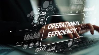 Operasyonel Verimlilik Stratejilerini temsil eden Dijital Arayüz Sembolleri ile Dizüstü Bilgisayarda Yazan İş Adamları. Asemptotik akıllı veri analitiği.