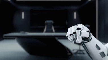 Bir robot el, çağdaş ofis ortamında dijital elementleri ve gelişmiş teknoloji kavramlarını gösteren bir bulut bilgisayar arayüzü ile bağlantı kurar. Auvana