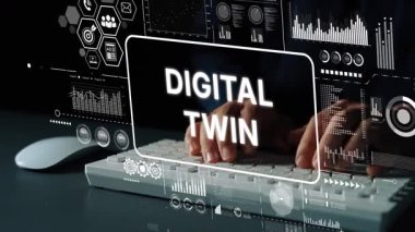 Modern bir klavyede Dijital İkiz ve Fütüristik Veri Görselleştirmesi Metin Kaplamalı Sanal Temsil Konsepti. Asemptotik akıllı veri analitiği.