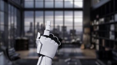 Gelişmiş bir dijital arayüzle uğraşan robotik bir el, şık bir ofis ortamında teknolojik yeniliği sembolize eden renkli veri görselleri sunuyor. Auvana