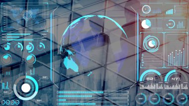 Dünya çapında dijital iletişimi, veri alışverişini ve internet bağlantısını gösteren yüksek teknolojili küresel ağ bağlantı arayüzü. Küresel bağlantı, veri etkileşimi ve dünya çapında iletişim. Thunk