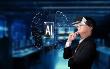 Üretken yapay zeka ve sanal gerçekliğin kesişimlerini araştırın, VR kulaklıklı bir vizyon sahibi birini gösterin, gelecekteki teknolojik gelişmeleri ve insan-makine sinerjisini vurgulayın. XDMCP