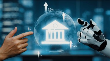 Bir insan eli, finansal büyüme grafikleri ve bir banka sembolünün yer aldığı şeffaf bir kürede, finans teknolojisinin sergilendiği robotik bir elle etkileşime girer. Auvana