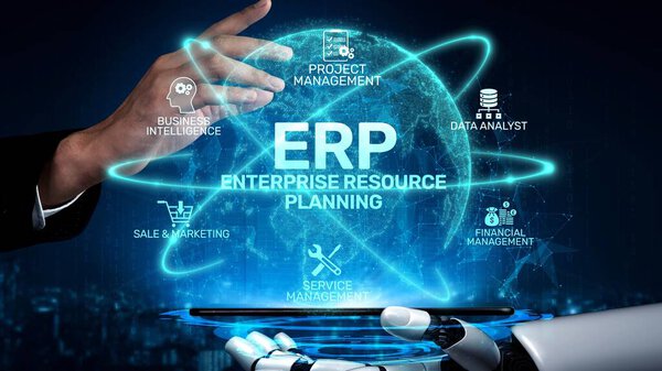 ERP platform visual showing centralized system for enterprise resource planning, improving integration, data flow, business efficiency, finance, inventory, and human resources. Muxer