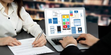 Hareketli mobil uygulama ve web sitesi için UX UI tasarım süreci. Profesyonel uygulama geliştiricisi için kablo grafiğinin yaratıcı prototipi .