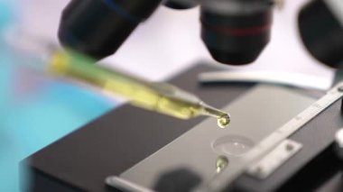 Bilimsel laboratuar araştırmacısı mikroskobik slayt üzerine sıvı örneği bırakır. Tıbbi muayene için ya da yeni teşhis aleti için. Mikrobiyolog ya da tıp çalışanı laboratuarda deney yapıyor. Ağır çekim. Katı.