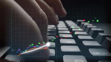 Modern dijital ortamda borsa büyümesi, veri analizi ve yatırım stratejilerini gösteren, finans grafiklerinin üst üste bindiği bir klavyede el yazısını gösteren sahne. Copula