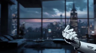 Fütürist bir robot el, finans teknolojisindeki yeniliği sembolize eden, gece kentsel arka planda parlayan elementlerle güvenli bir ödeme arayüzü sunar. Auvana