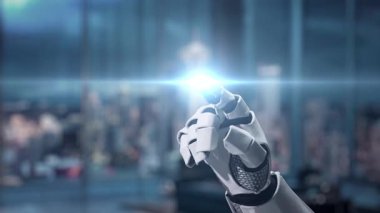 Fütürist bir robot el, modern bir iş ortamında yenilik ve otomasyonu sembolize eden, ileri teknolojiyi sergileyen çeşitli dijital simgelerle etkileşim halindedir. Auvana