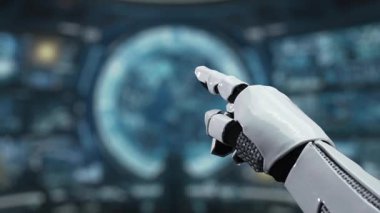 Gösterişli bir robot el dijital küresel bir ağı işaret ediyor, teknoloji ve bağlantı temalarını vurguluyor. Bu video sanal etkileşimlerdeki yeniliği sembolize ediyor. Auvana