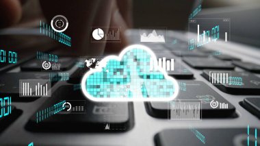 Veri analizlerini ve klavyeyle etkileşimi gösteren, teknoloji görselleri aracılığıyla büyüme ve bilgi alışverişini vurgulayan modern bir dijital bulut hesaplama konsepti. Xenic