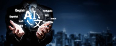 Profesyonel bir figür, küresel iletişim ve teknolojik gelişmeyi vurgulayarak, dinamik kentsel bir ortamda yapay zeka ve çeviri kavramları sergiliyor. XDMCP