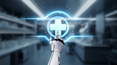Tıbbi verilere ya da teşhis semptomlarına ulaşmak için robotik el işaretlerini kapatın ve tıbbi çapraz holograma tıklayın. Yapay zeka semptomları analiz ederken robot el çapraz kontrol yapıyor. Sağlıklı..