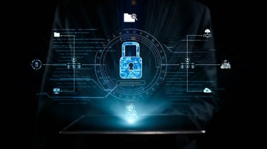 Bu resim, parlayan bir asma kilit ve çeşitli veri koruma sembolleriyle siber güvenliğin önemini vurgulayan gelecekteki dijital güvenlik kavramını tasvir ediyor. Dörtgen