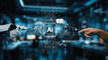 Bu resim insan eliyle robot el arasındaki etkileşimi gösteriyor, yapay zeka ve teknoloji arasındaki bağlantıyı vurguluyor. Auvana