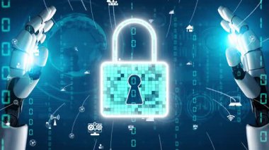 Fütürist robot kolları tarafından korunan dijital kilidin görsel olarak çarpıcı bir temsili, teknoloji güdümlü bir dünyada gelişmiş siber güvenlik tedbirlerini sembolize ediyor. Xenic