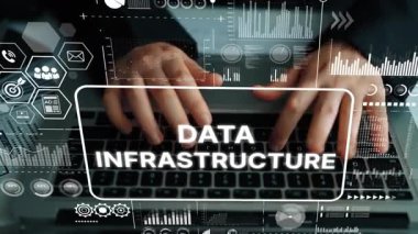 Modern Ofis Ayarlarında Veri Altyapısı Grafikleri ve Veri Analizi Görselleri ile Dizüstü Bilgisayarda Yazan Profesyonel Eller. Asemptotik akıllı veri analitiği.