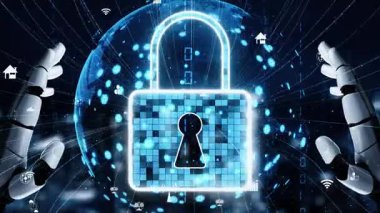 Gelecekçi robot yapay zeka yapay zeka yapay zekayı aydınlatıyor ve makine öğrenme kavramını geliştiriyor. İnsan hayatının geleceği için küresel robot biyonik bilim araştırması. 3B görüntüleme grafiği.