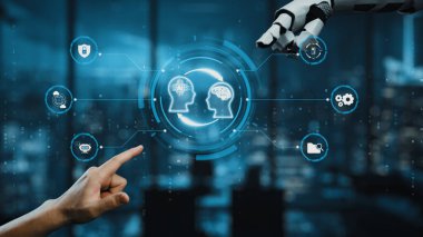 Teknoloji ve yeniliğin vurgulandığı modern bir ofis zeminine kurulmuş, insanlar ve robotlar arasındaki etkileşimi gösteren ayrıntılı bir çizim. Auvana