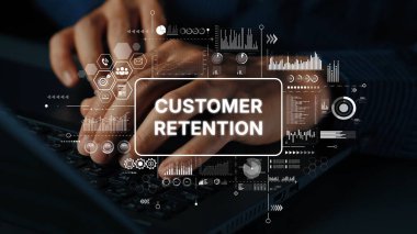 Modern İş Ortamı 'nda Müşteri Edindirme Stratejilerini Gösteren Dijital Grafiklerle Dizüstü Bilgisayarda Yazan Eller. Asemptotik akıllı veri analitiği.