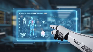 İnsan anatomisini gösteren ve bulanık laboratuvar geçmişine sahip robot el işaretlerini kapat. Robot el, tıbbi verileri teşhis semptomlarına bağlamak için x ray gösterge paneline tıklıyor. Sağlıklı..