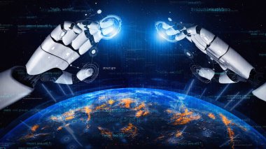 Bu çarpıcı görüntü, modern toplumda teknolojinin ve yapay zekanın kesişmesini sembolize eden, parlayan bir Dünya üzerinde veri alışverişinde bulunan fütürist robotları tasvir ediyor. Xenic