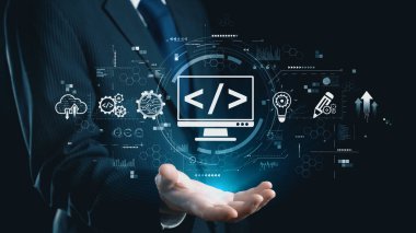 Kodlama sembolleri, web geliştirme süreci, web geliştirme arayüzü ve web geliştirme araçlarını içeren modern web geliştirme kavramı. Elide