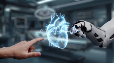 Robot ve insan elini uzatıyorlar ve kalp hologramıyla hareket ediyorlar. Bulanık laboratuvar geçmişini işaret ederken robot el ve insanın birlikte çalışmalarına yakın çekim. Sağlıklı..