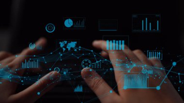 Eller dinamik dijital veri göstergeleriyle etkileşime girer, büyüme grafikleri ve analizleri gösterir. Teknoloji trendlerini ve iş sezgilerini göstermek için mükemmel. Xenic