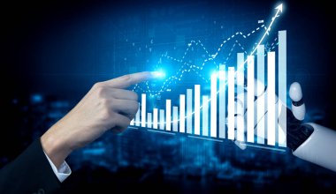 Veri analizinde insan ve robot teknolojisi arasındaki işbirliğinin dinamik bir temsili, parlayan grafikler ve gelecekteki elementler gösteriliyor. Etki