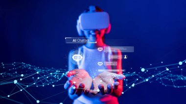 Yapay zeka sanal asistanı Chatbot ile yapay zeka konsepti ile insan etkileşimi, yapay zeka mühendisliği, LLM yapay zeka derin öğrenimi iş desteği için üretken yapay zeka kullanımı. FaaS