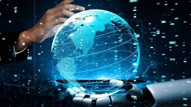 Robotik bir el, modern, veri odaklı bir dünyada teknolojinin ve küresel bağlantının birleşimini sembolize eden parıldayan dijital bir küreyle etkileşir. Xenic