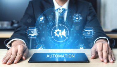 Pazarlama otomasyon diyagramı sunumu yapay zeka odaklı kampanya iş akışı, pazarlama otomasyonu, veri odaklı strateji, pazarlama otomasyon araçları ve iş dünyasında piyasa otomasyon süreci. Eğri