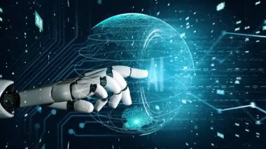 Gelişmiş bir robot el dijital bir küreye uzanıyor, yüksek teknolojili gelecekteki teknoloji ve küresel bağlantının kesişimini sembolize ediyor. Xenic