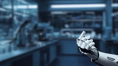 İnsan anatomisini gösteren ve bulanık laboratuvar geçmişine sahip robot el işaretlerini kapat. Robot el, tıbbi verileri teşhis semptomlarına bağlamak için x ray gösterge paneline tıklıyor. Sağlıklı..